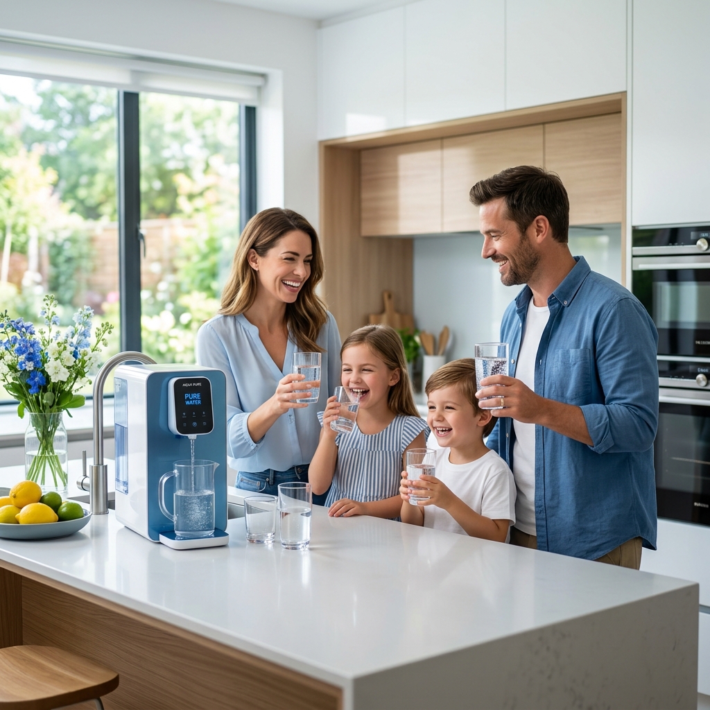 Happy family drinking clean water with RO water purifier